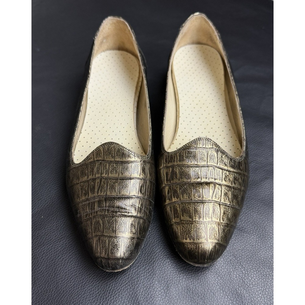 Amalfi Rangoni Gold Croc Leather Flats Italy 9.5 AA Narrow‎ Vintage Luxury Shoes